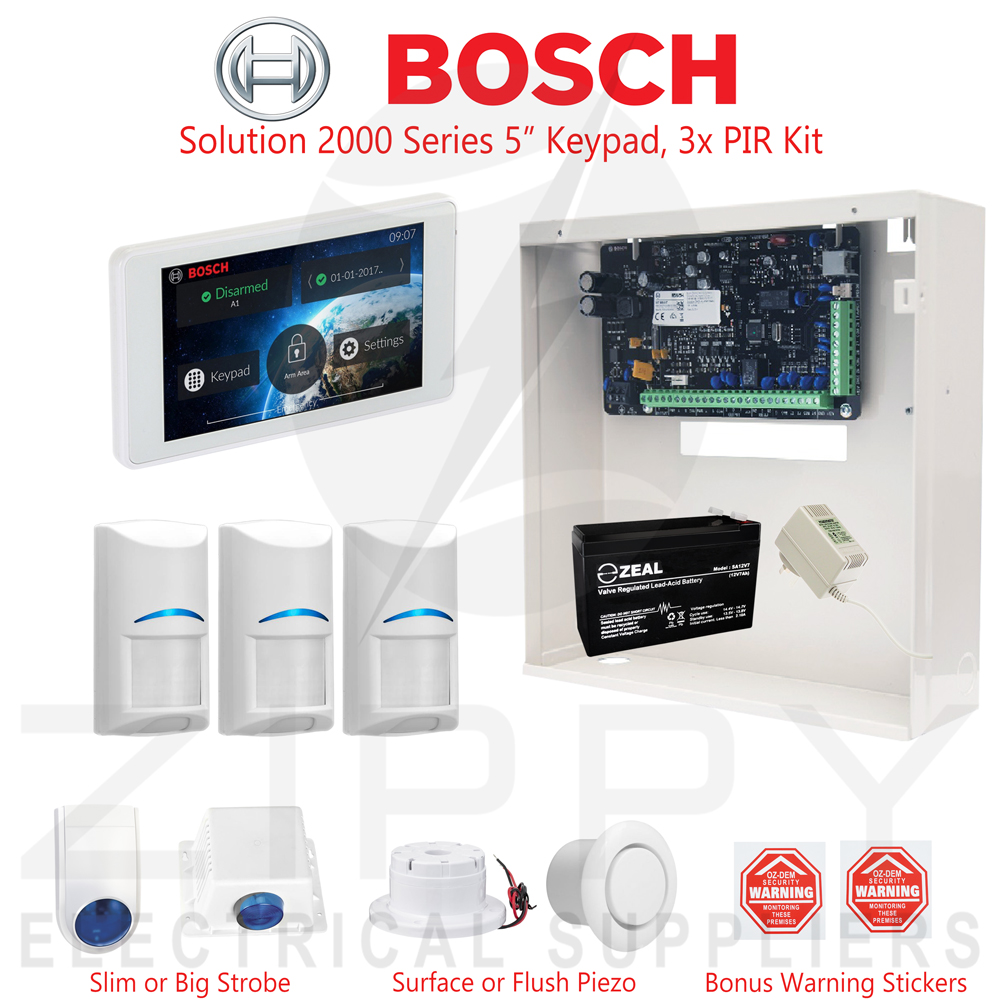 2000 Series (8 Zone) Bosch Alarm System with 5″ Touch One & 3x Bosch Blueline Gen2 PIRS (Non Pet Friendly) and Accessories